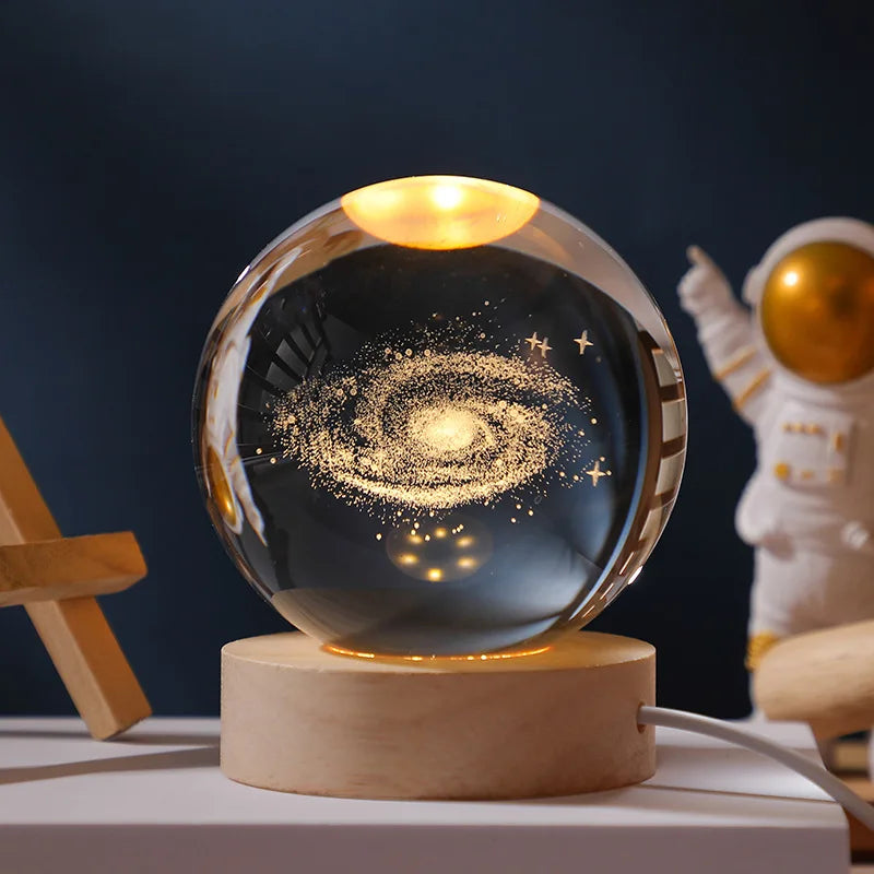 3D Crystal Ball Solar System Night Light with Wooden Base