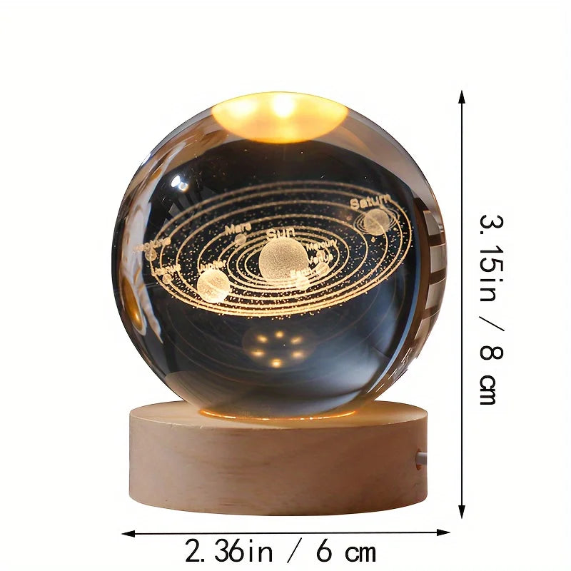 3D Crystal Ball Solar System Night Light with Wooden Base