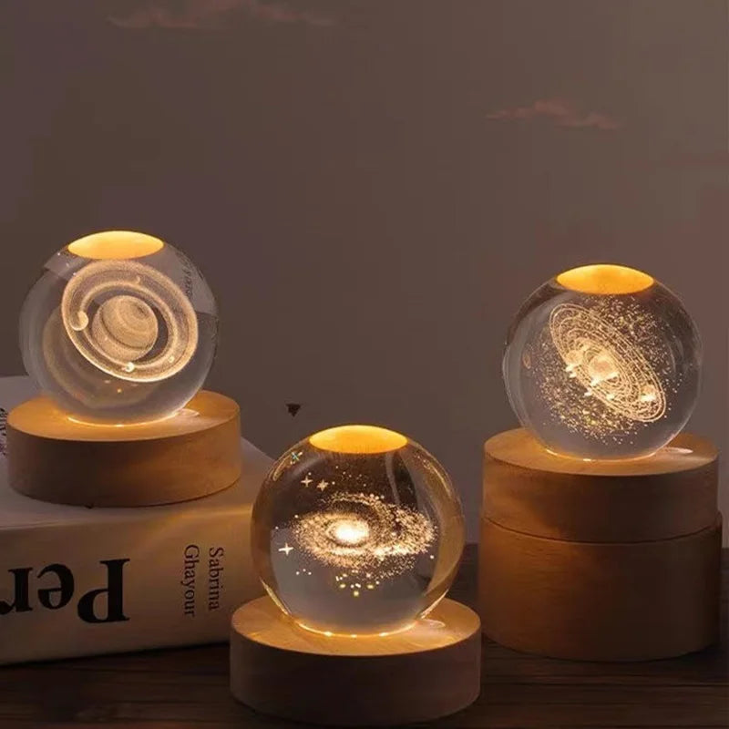 3D Crystal Ball Solar System Night Light with Wooden Base