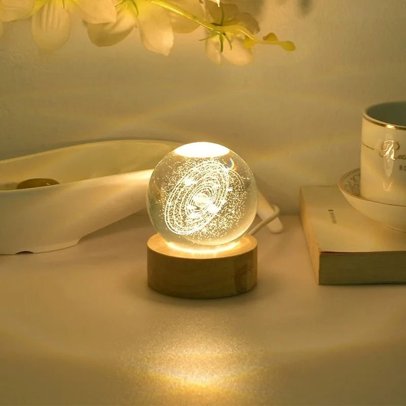 3D Crystal Ball Solar System Night Light with Wooden Base