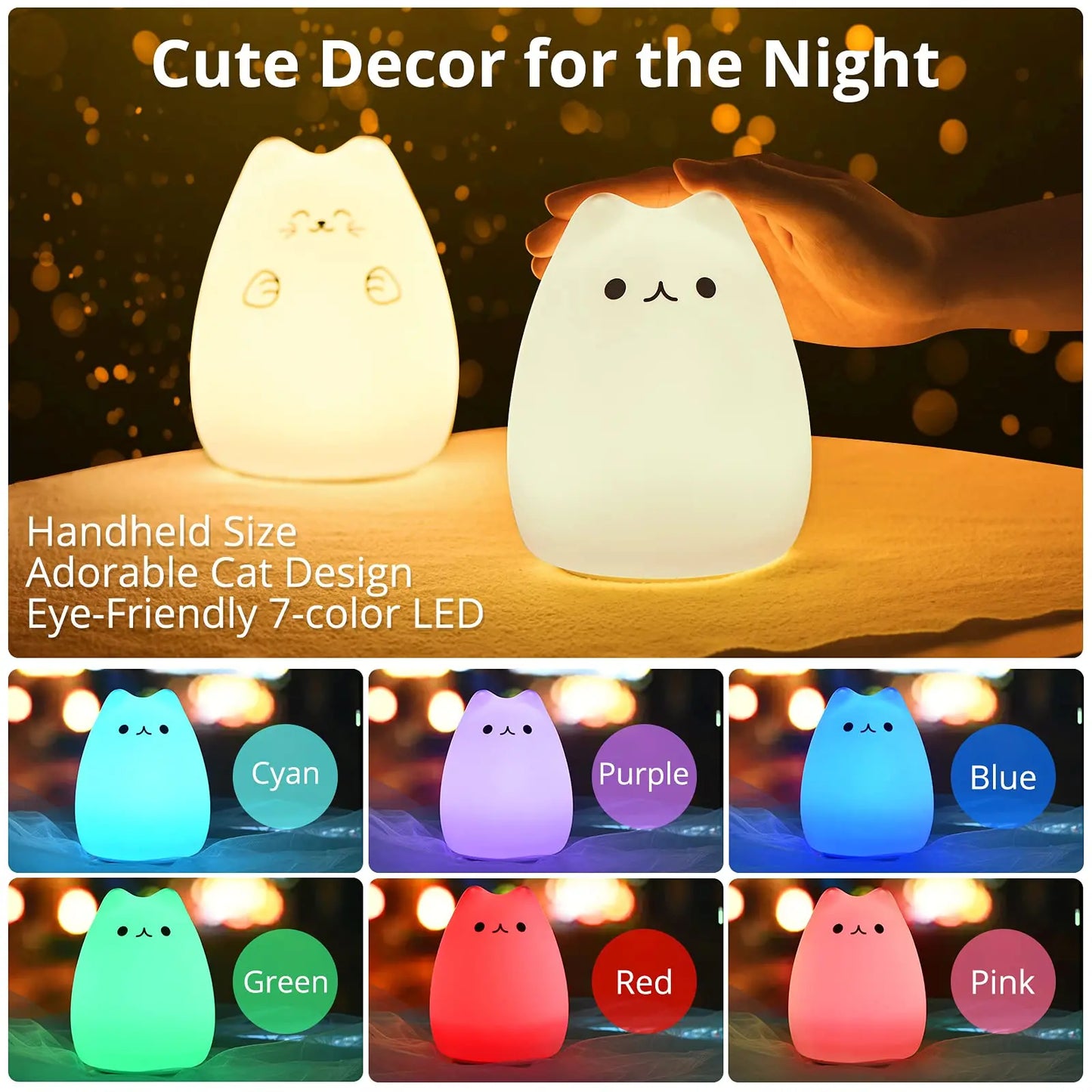 Cute Cat Silicone Night Light for Kids and Teens